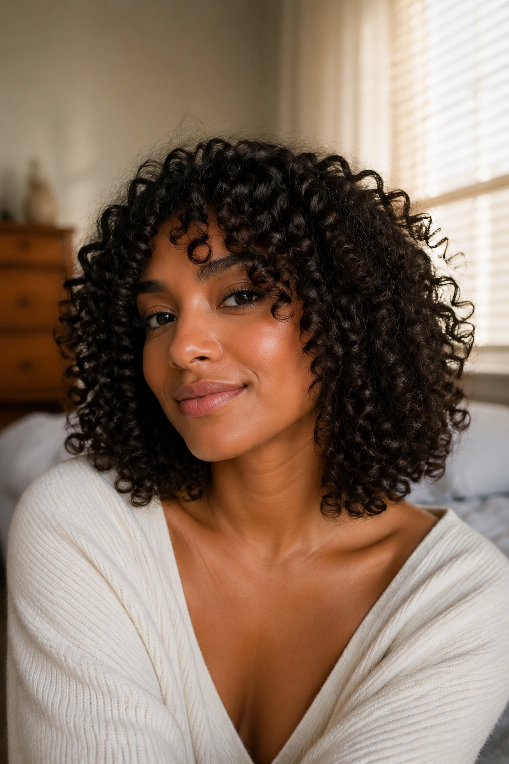 Close-up portrait of a real person with medium-length natural curly hair in warm window light