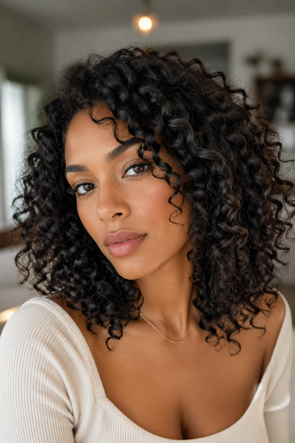 Portrait of a real person with medium-length curls in natural light