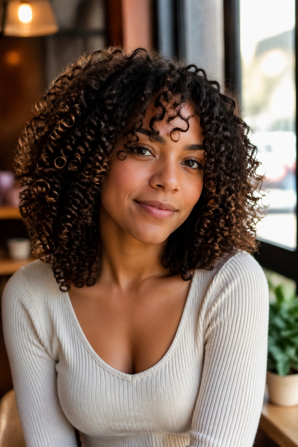 Close-up portrait of a real person with medium-length curls