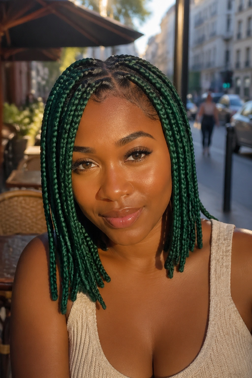 Portrait of a person with medium-length green box braids in an outdoor cafe setting