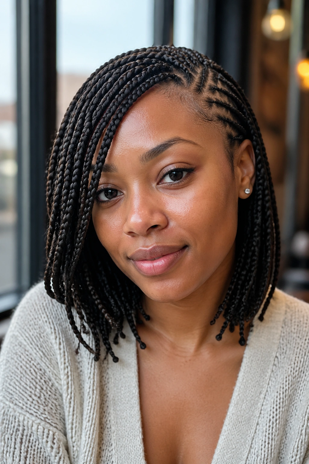 Real person with medium-length lemonade box braids in a cafe setting.