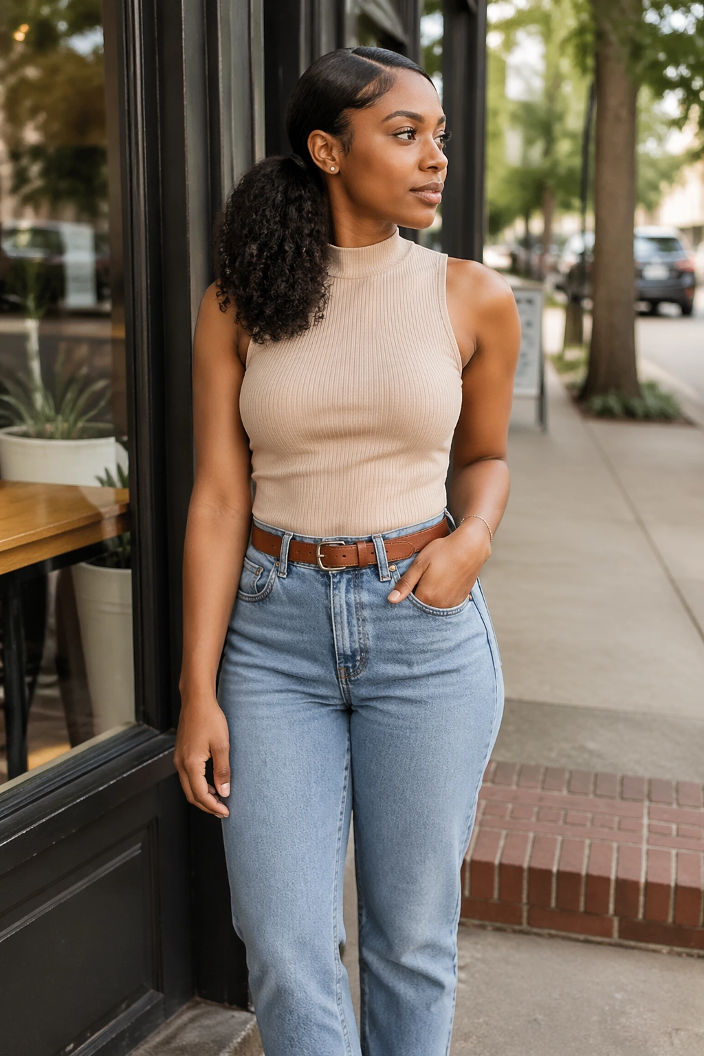 Medium-length natural hair in a low side-part ponytail in a sunlit cafe scene.