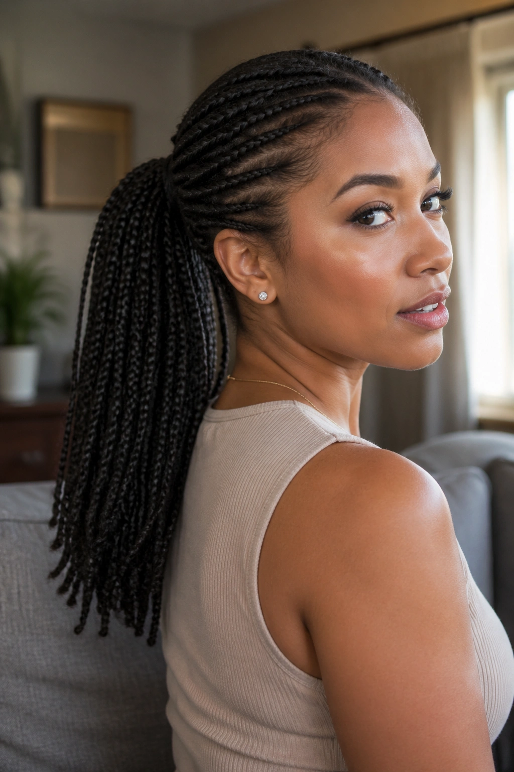 Close-up of a real woman with a medium-length swing box braid ponytail, base below occipital bone.