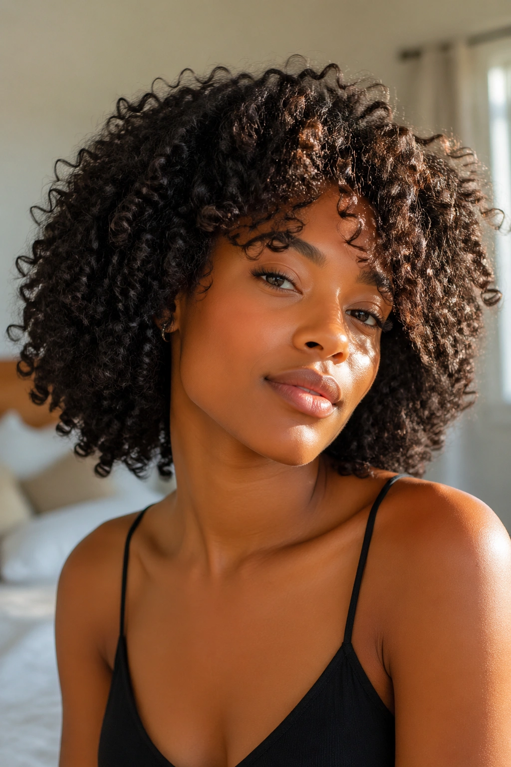 Close-up portrait of a real person with medium-length natural curly hair in warm bedroom light