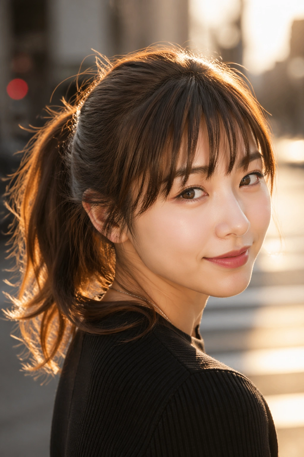 Close-up of a real woman with a medium ponytail and choppy bangs