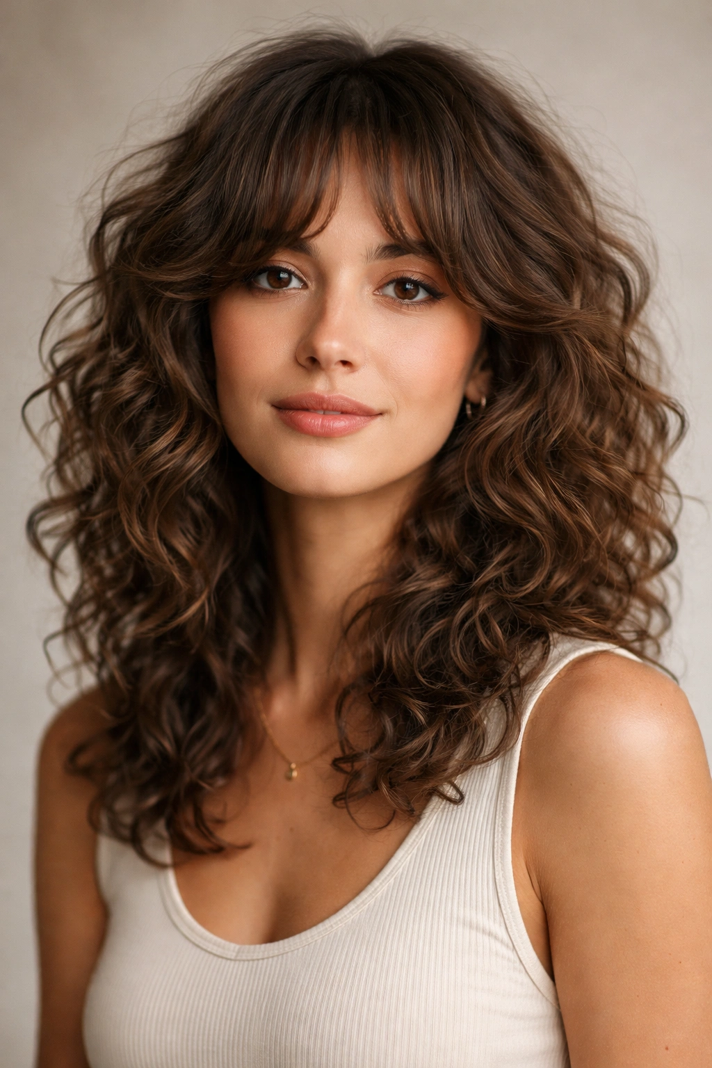 Close-up of a curly medium shag with a curved fringe framing the face