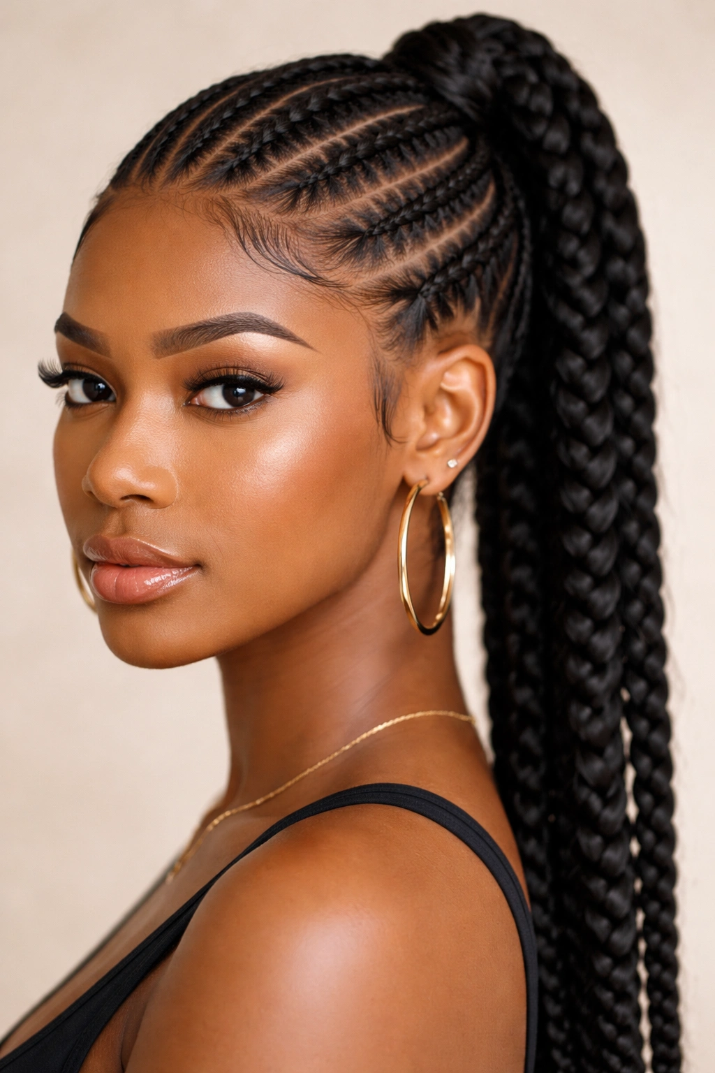 Close-up of a medium stitch feed-in ponytail with even scalp-part lines and a neat ponytail