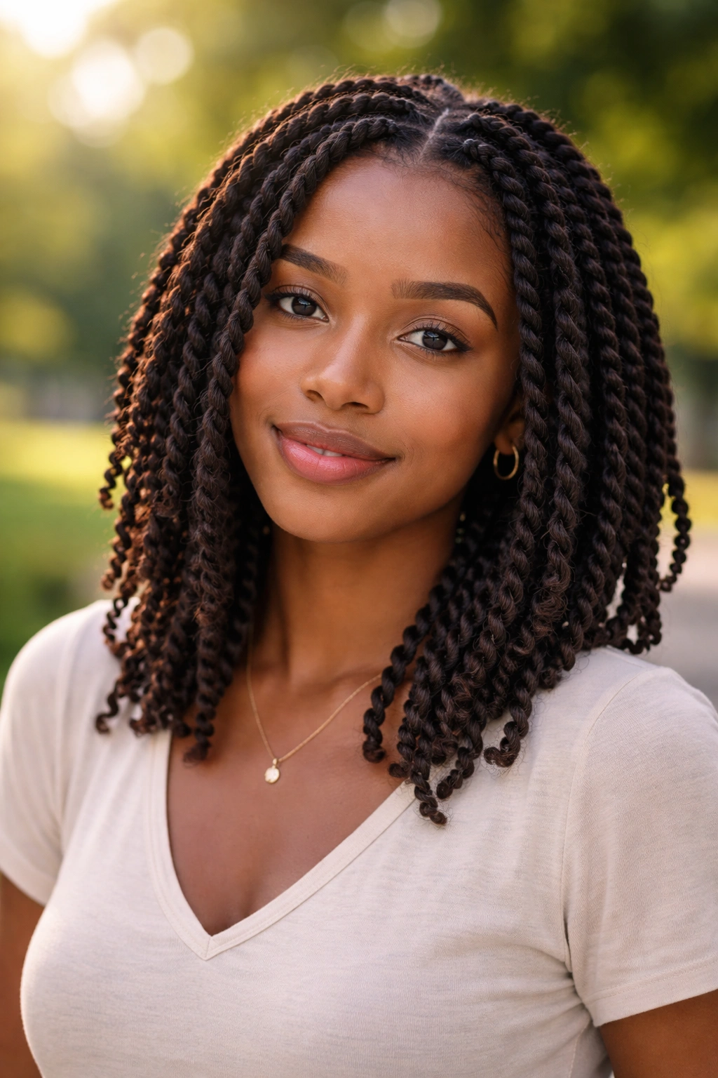 Portrait of a person with medium-sized twists in a sunny park