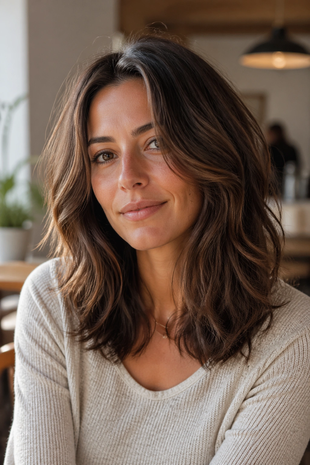 Real woman with medium wavy brunette layers that grow out well