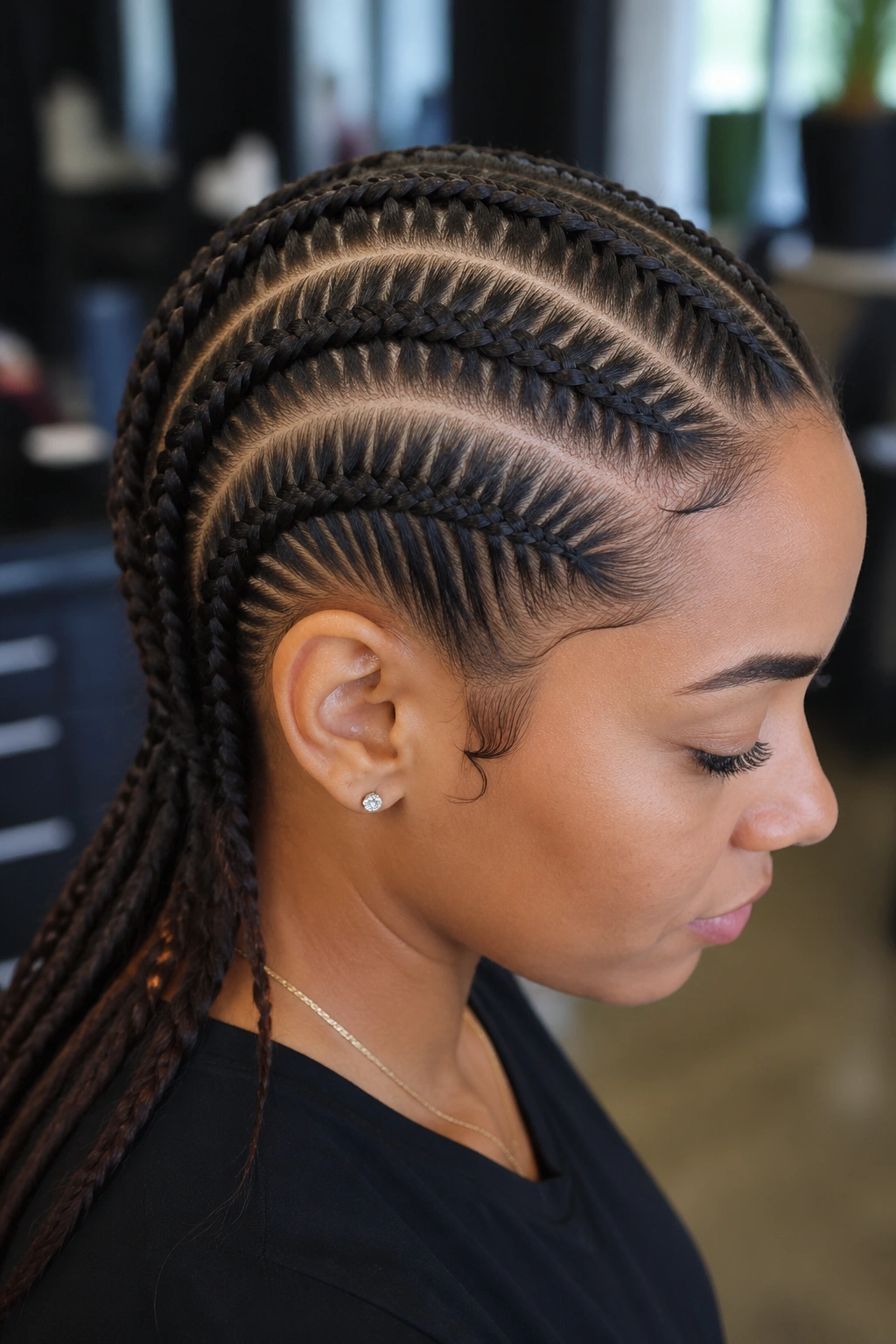 Real person showing medium-width fishtail cornrows on the scalp