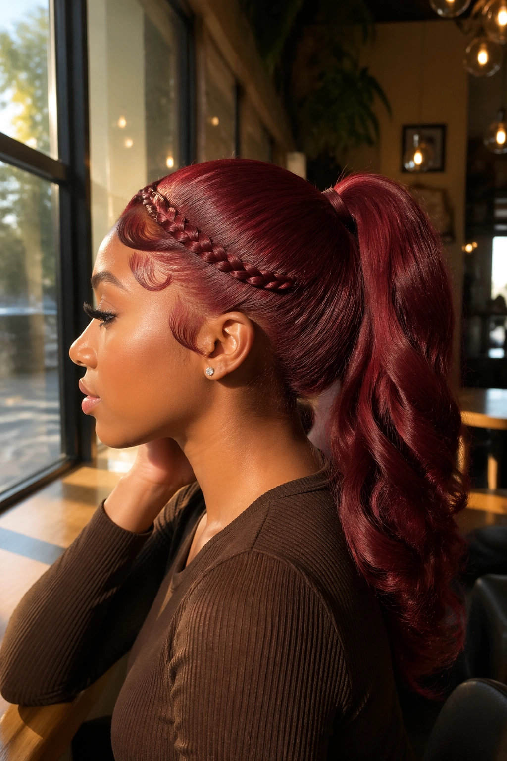 Side profile of Merlot Ponytail with Braided Swoop Bang