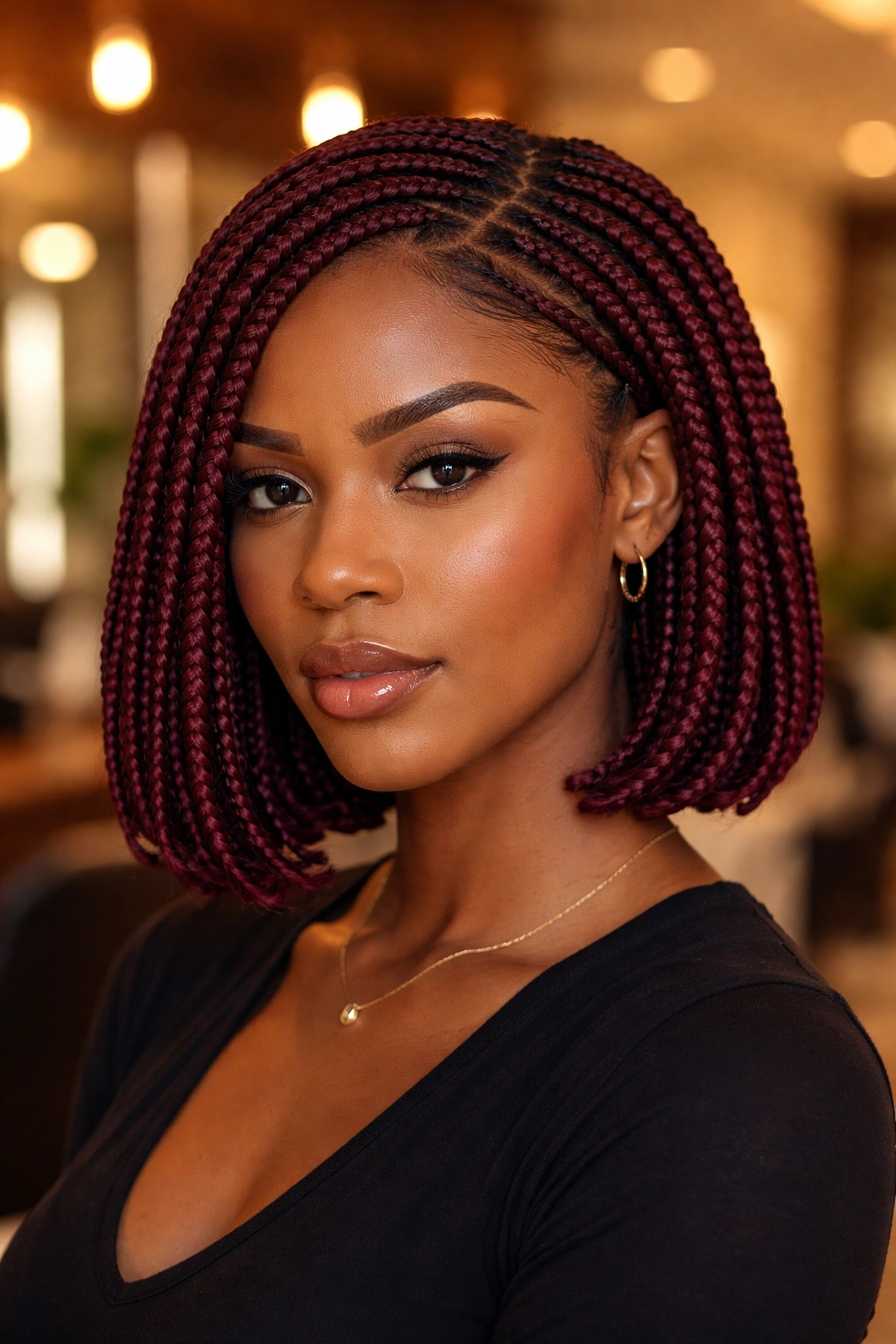 Portrait of woman with merlot cornrow bob close-up