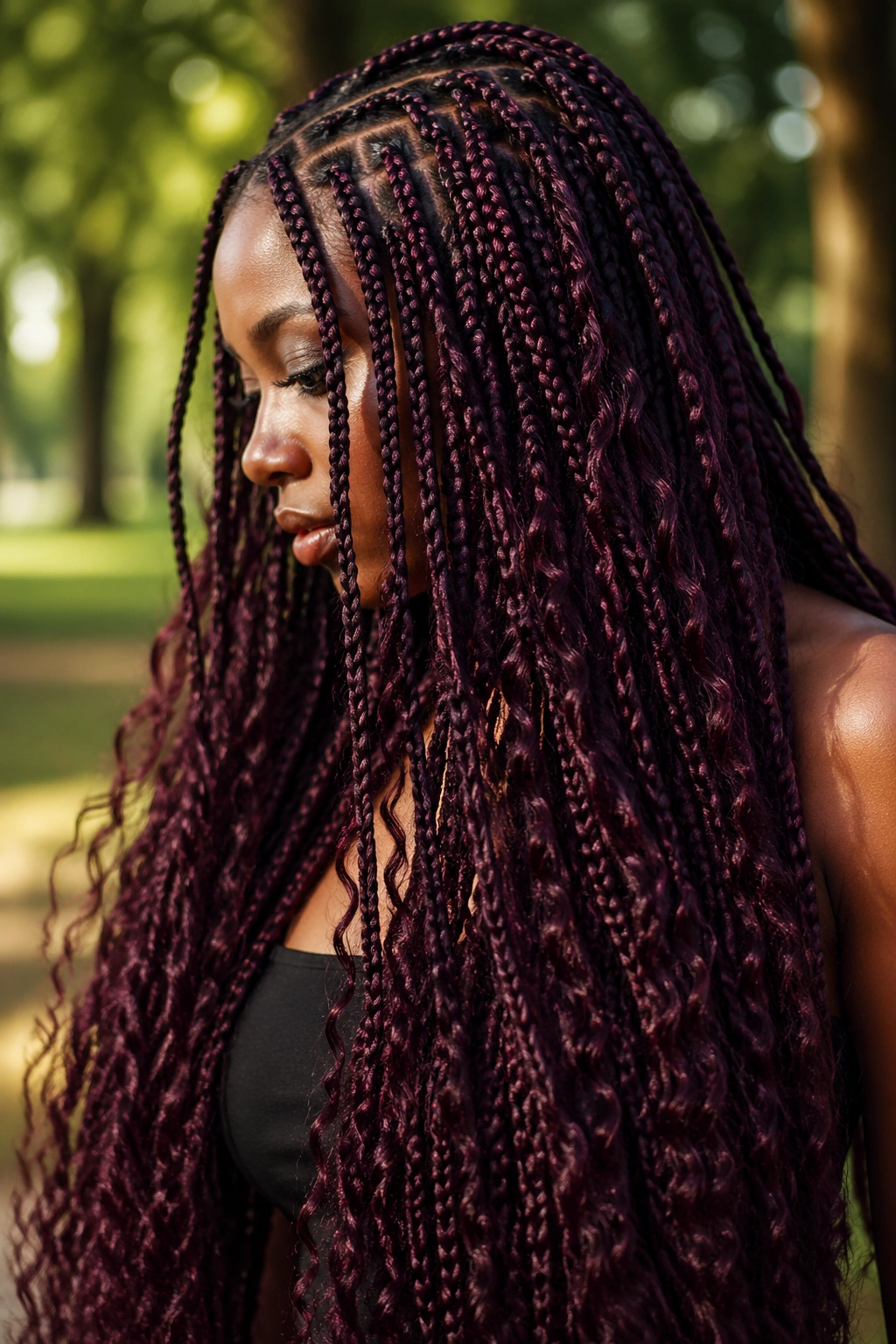 Close-up of real woman with extra-long merlot purple box braids in a sunlit park