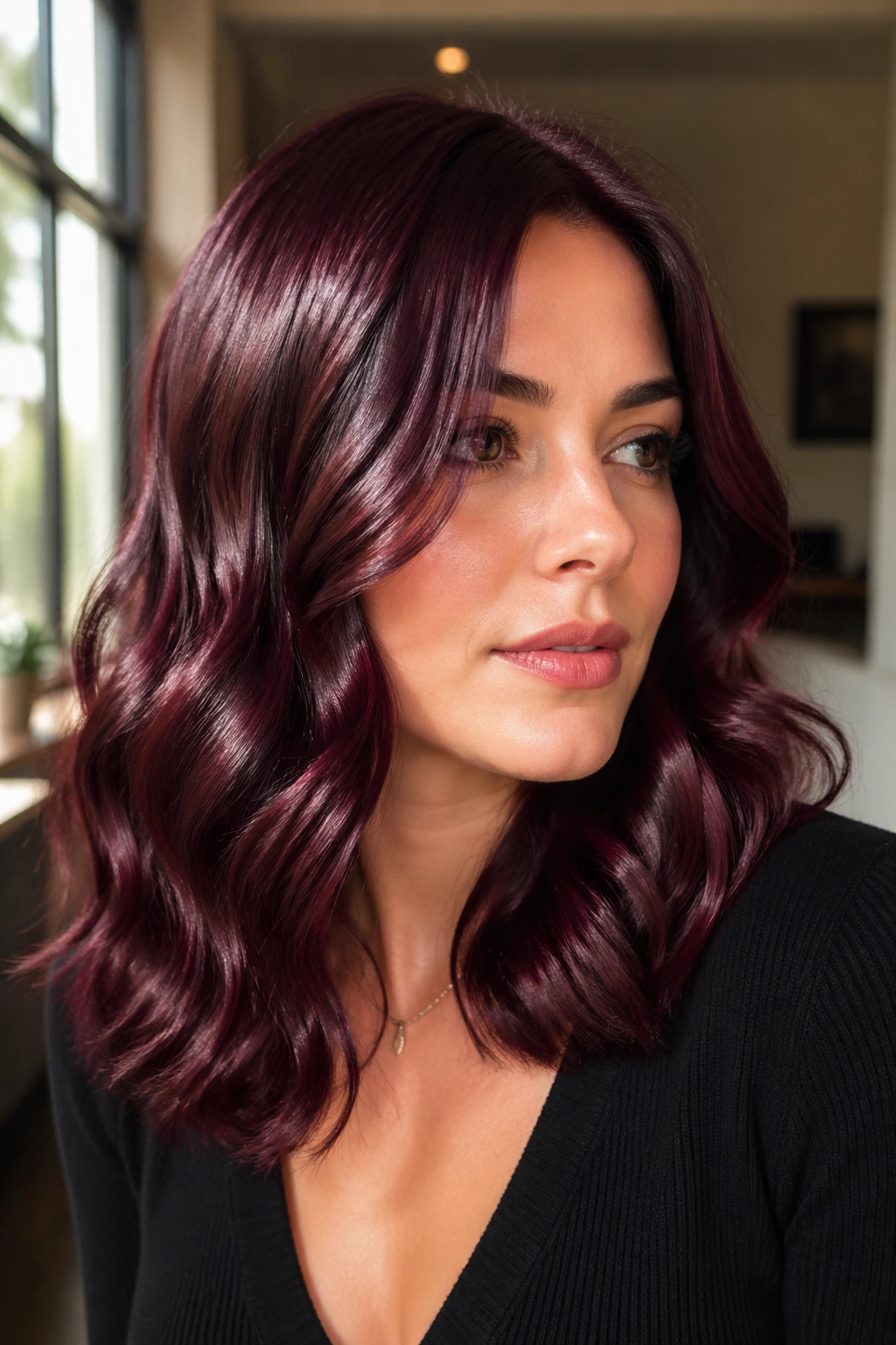Close-up of a woman with merlot waves and glossy finish
