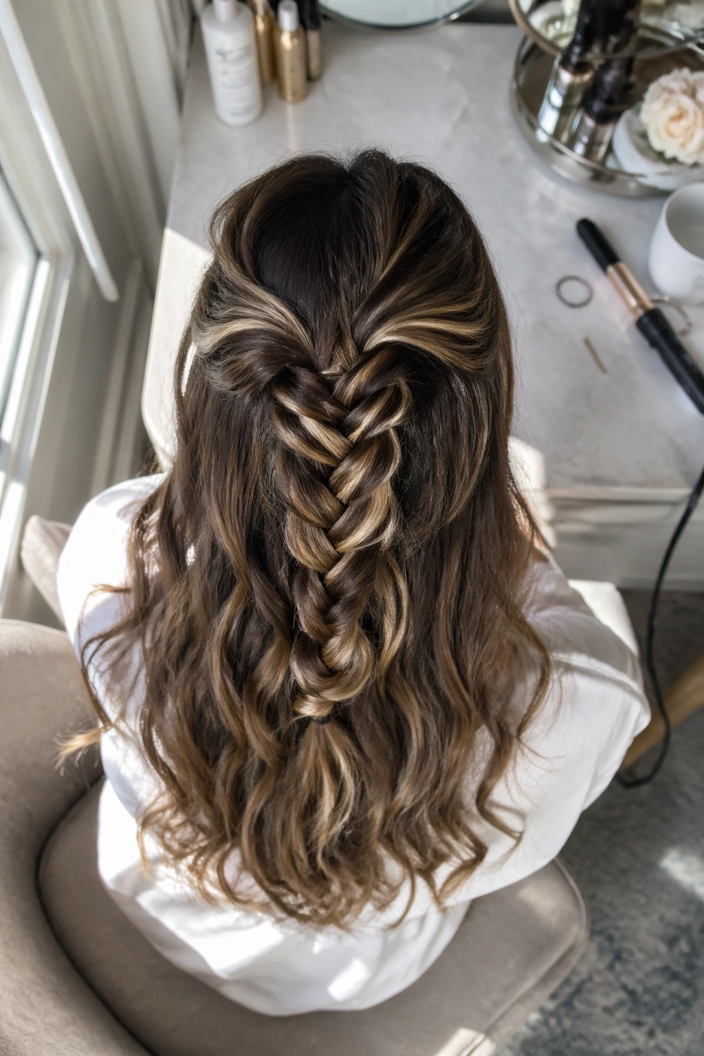 Mermaid braid with balayage ends viewed from above