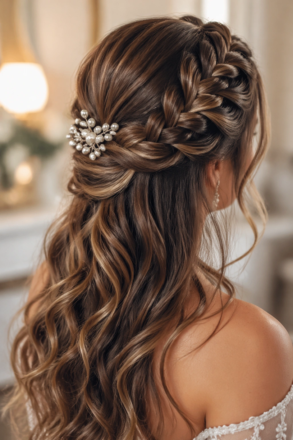 Close-up of a long-haired bride with a mermaid braid half-up