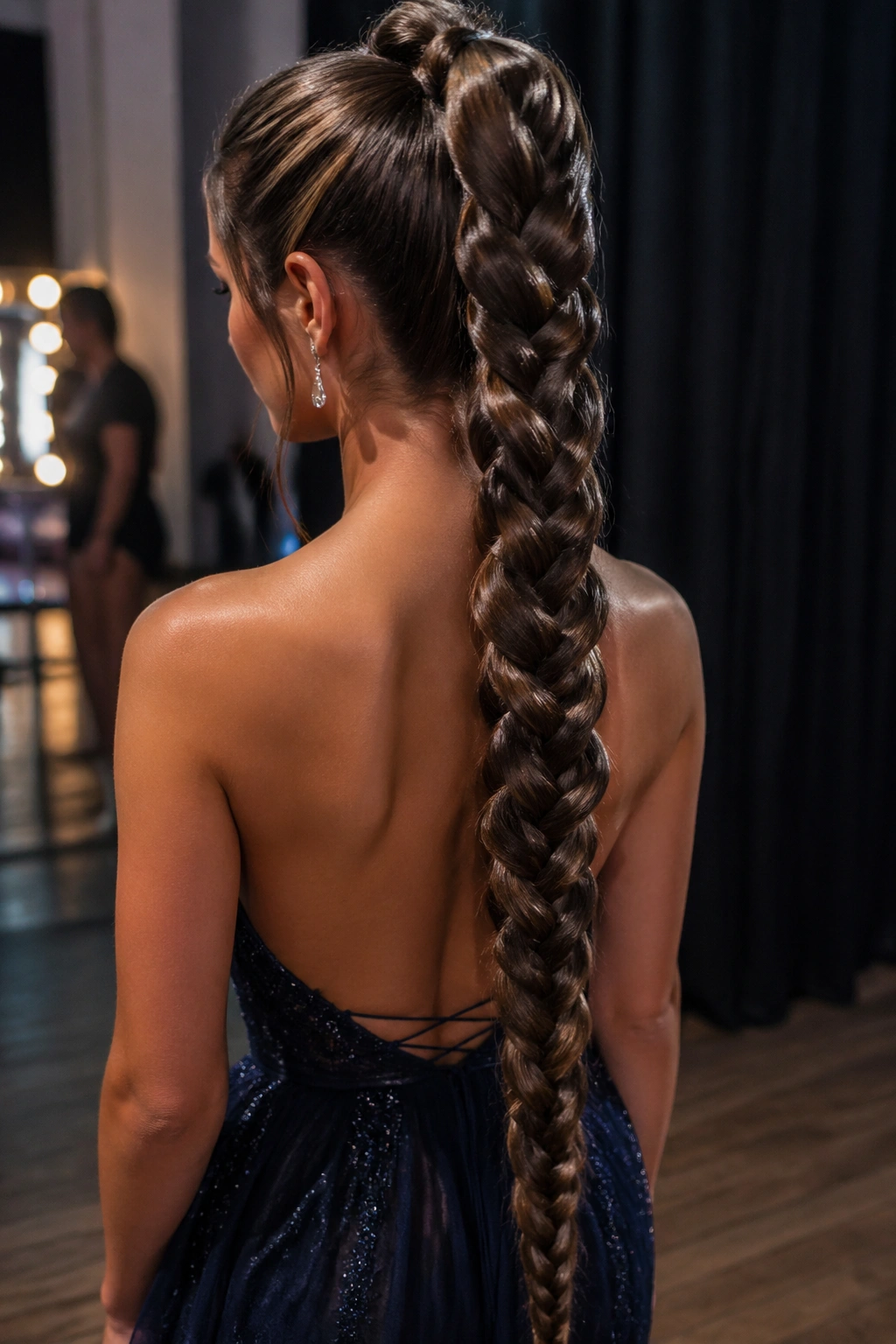 High Ponytail With Mermaid Braid Length back view of a real woman with long mermaid braid