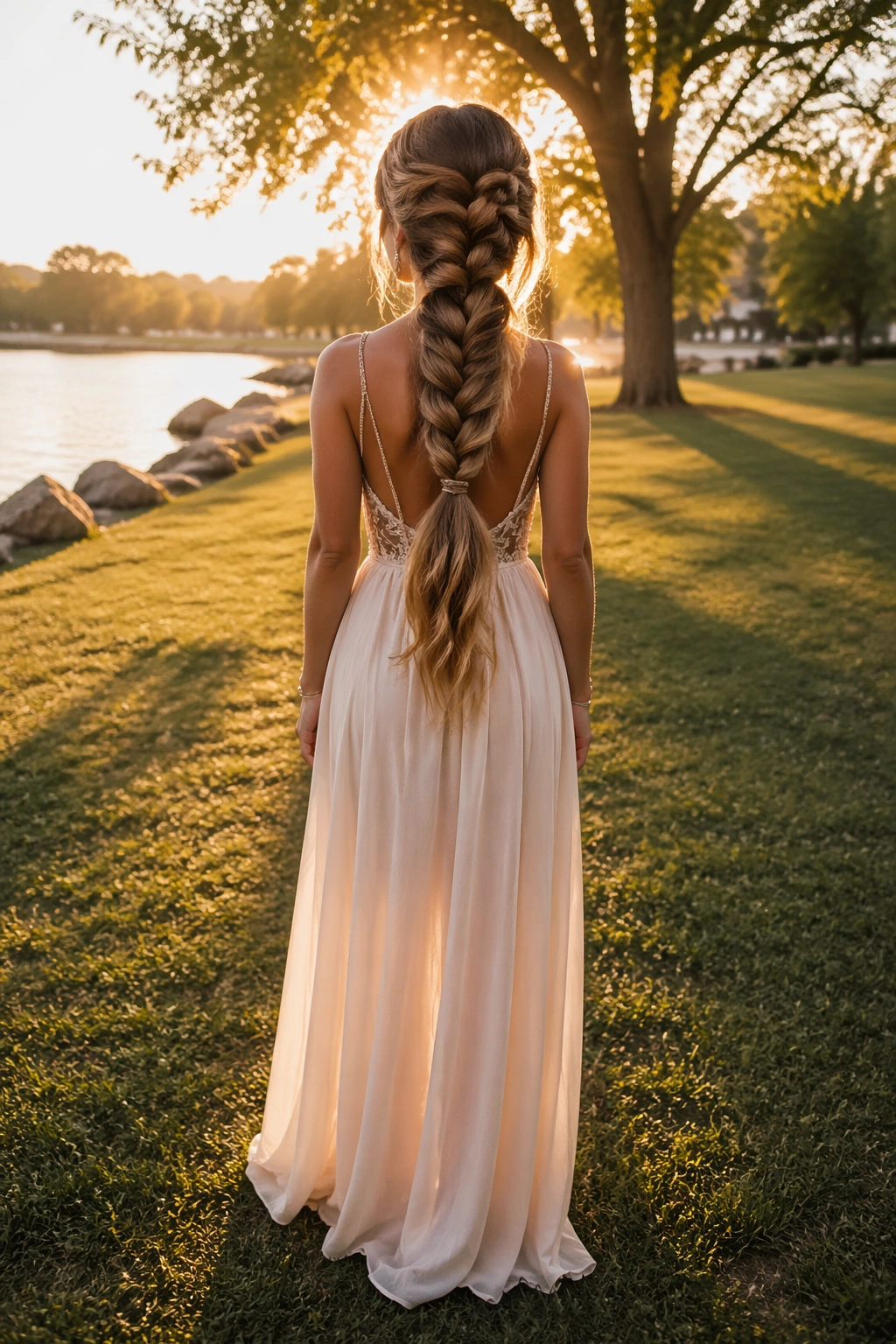 Full-length shot of mermaid braid ponytail at golden hour by a lake.