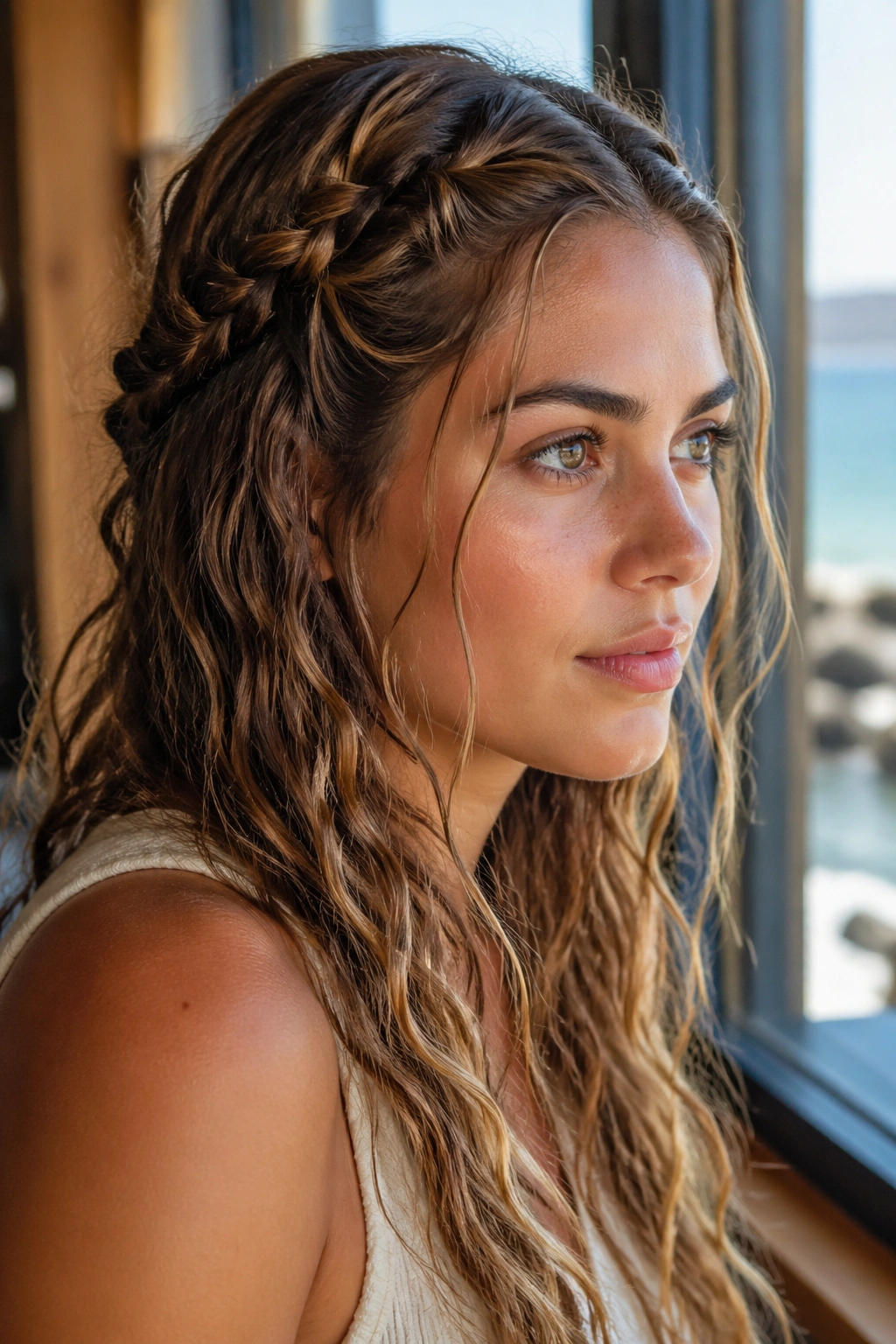 Close-up of a real woman with mermaid braid-inspired waves.