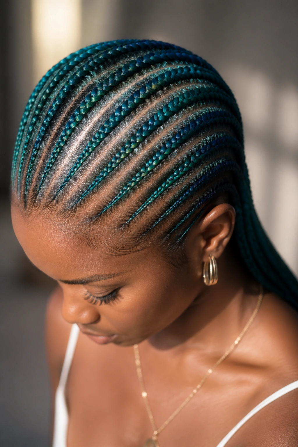 Close-up of a real person with mermaid blue-green cornrows