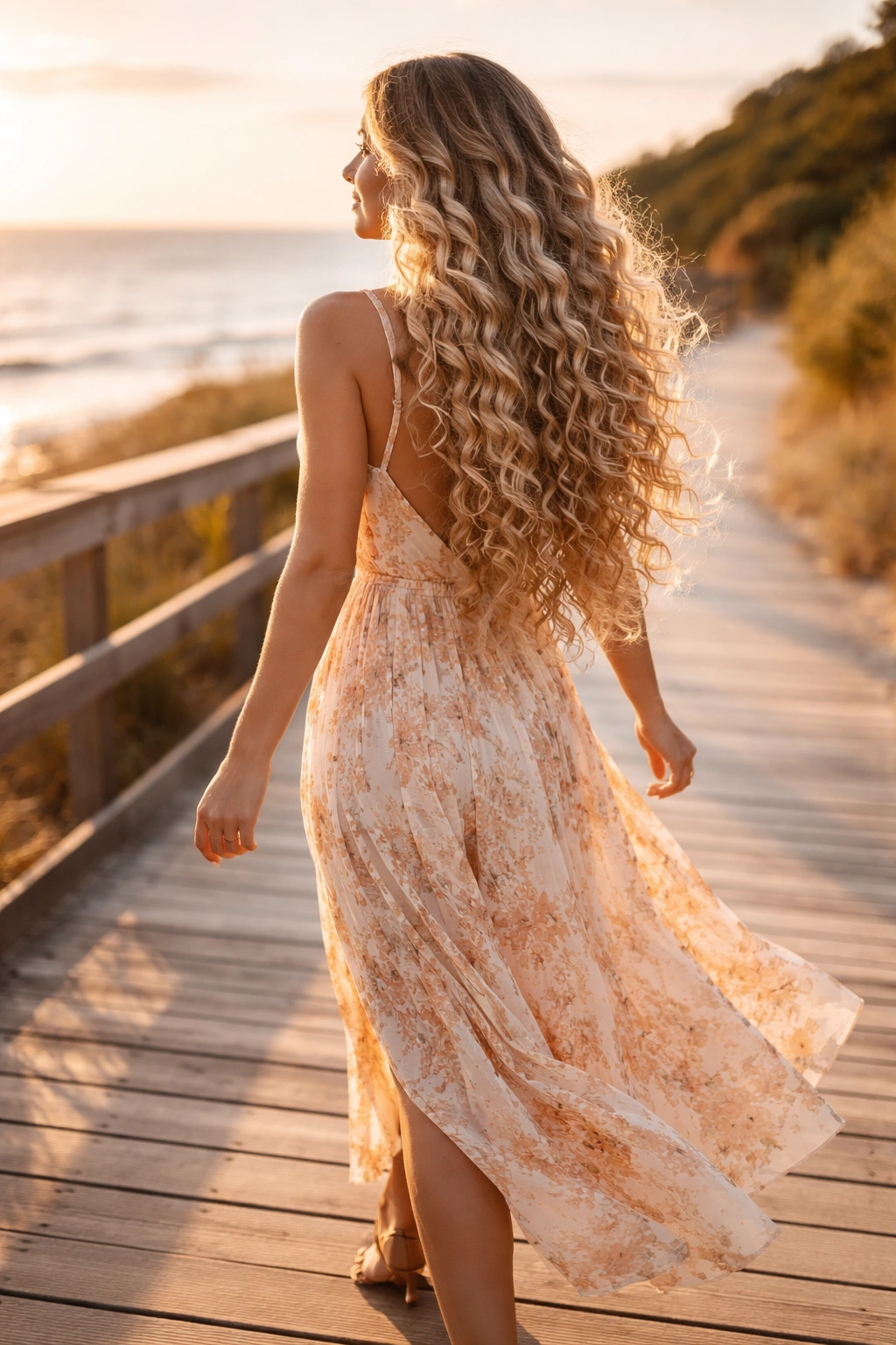Mermaid-length curls in multi-tone blonde on a coastal boardwalk.