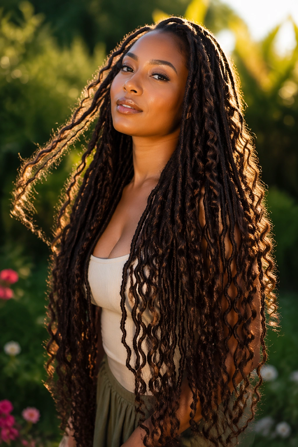 Close-up portrait of a real woman with extra-long mermaid curly faux locs in golden-hour garden light