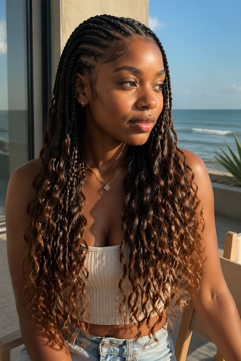 Portrait of a person with long feed-ins ending in loose mermaid waves