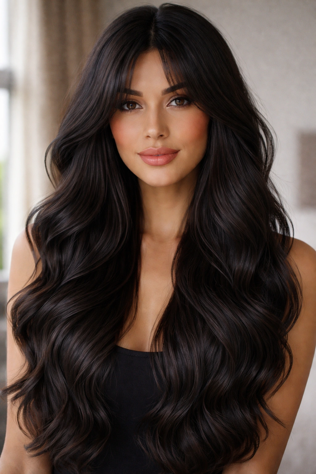 Close-up of real woman with mermaid-length waves and cheekbone curtain fringe.