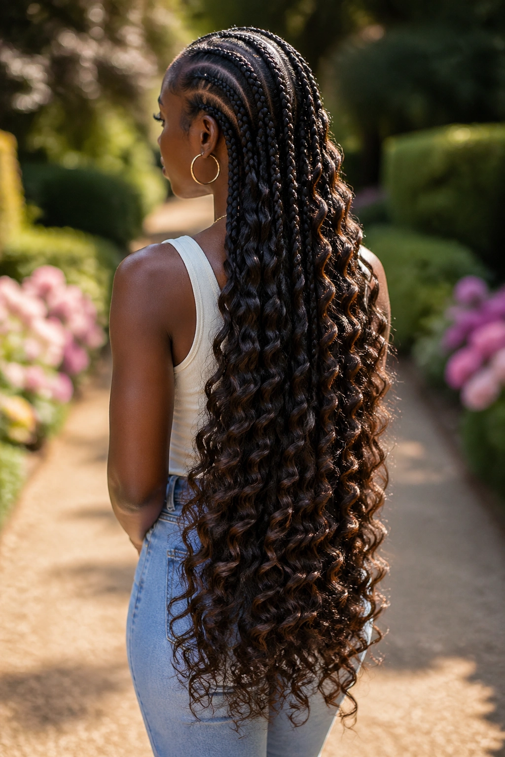Back/side view of waist-length cornrows with mermaid waves cascading along the braids