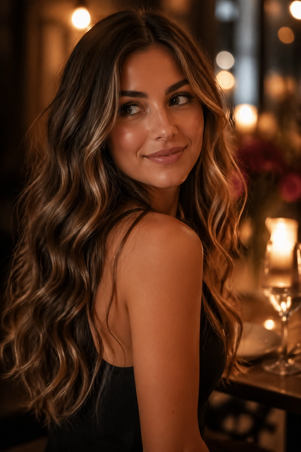 Close-up portrait of a woman with long mermaid waves in candlelit setting.