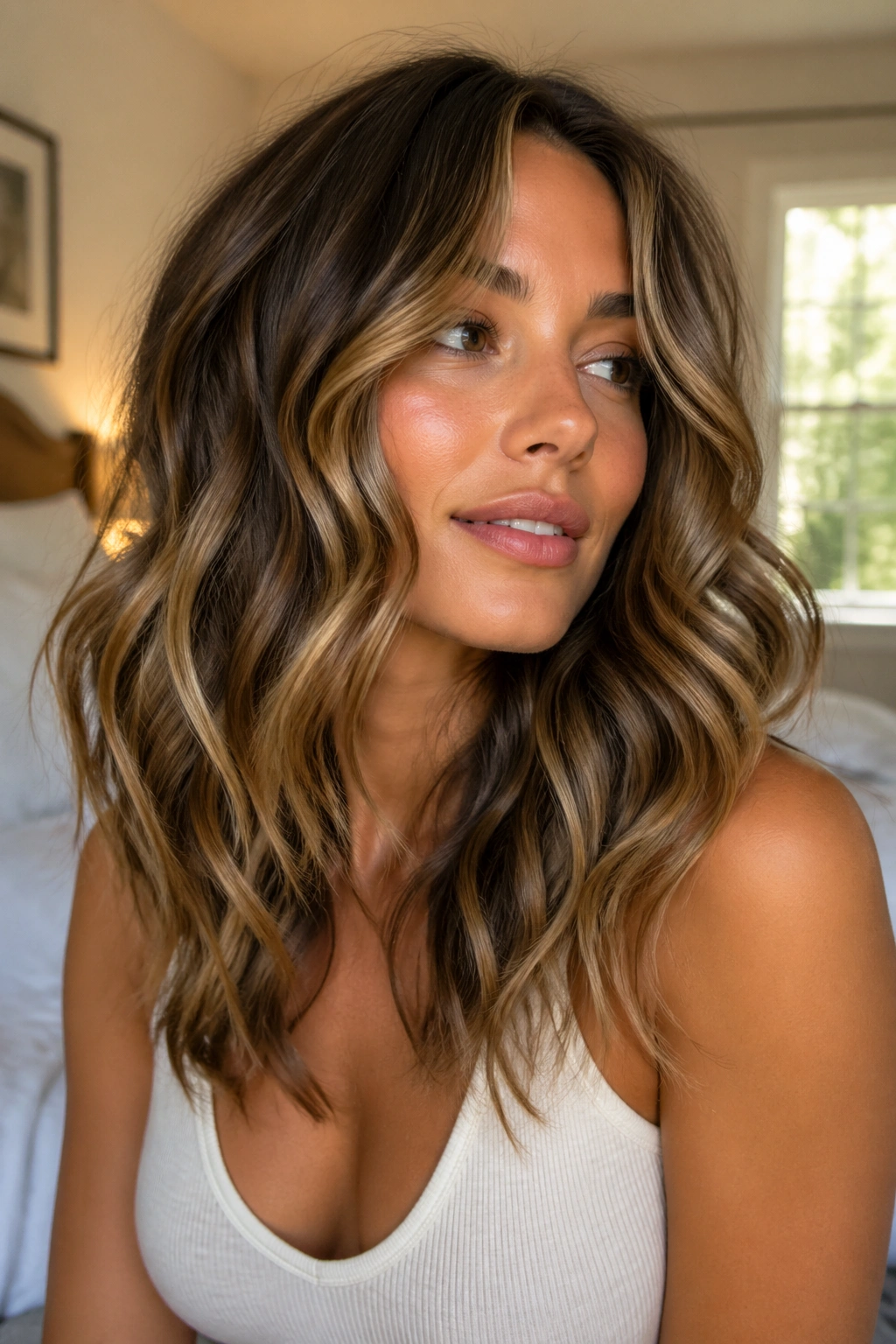 Close-up of a woman with mermaid waves and mid-length layered hair framing the face