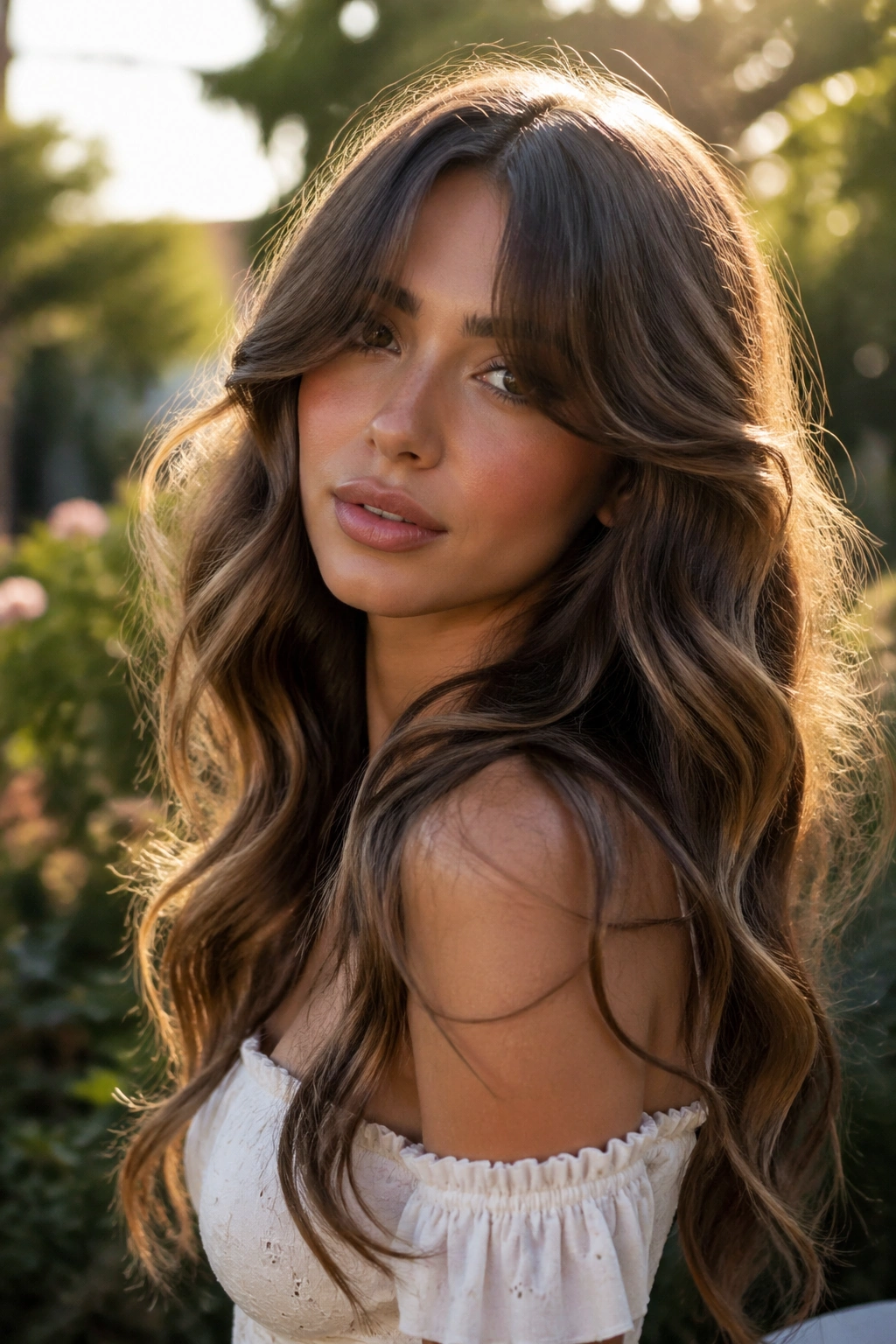Portrait of a woman with mermaid waves and oversized curtain bangs in golden hour light