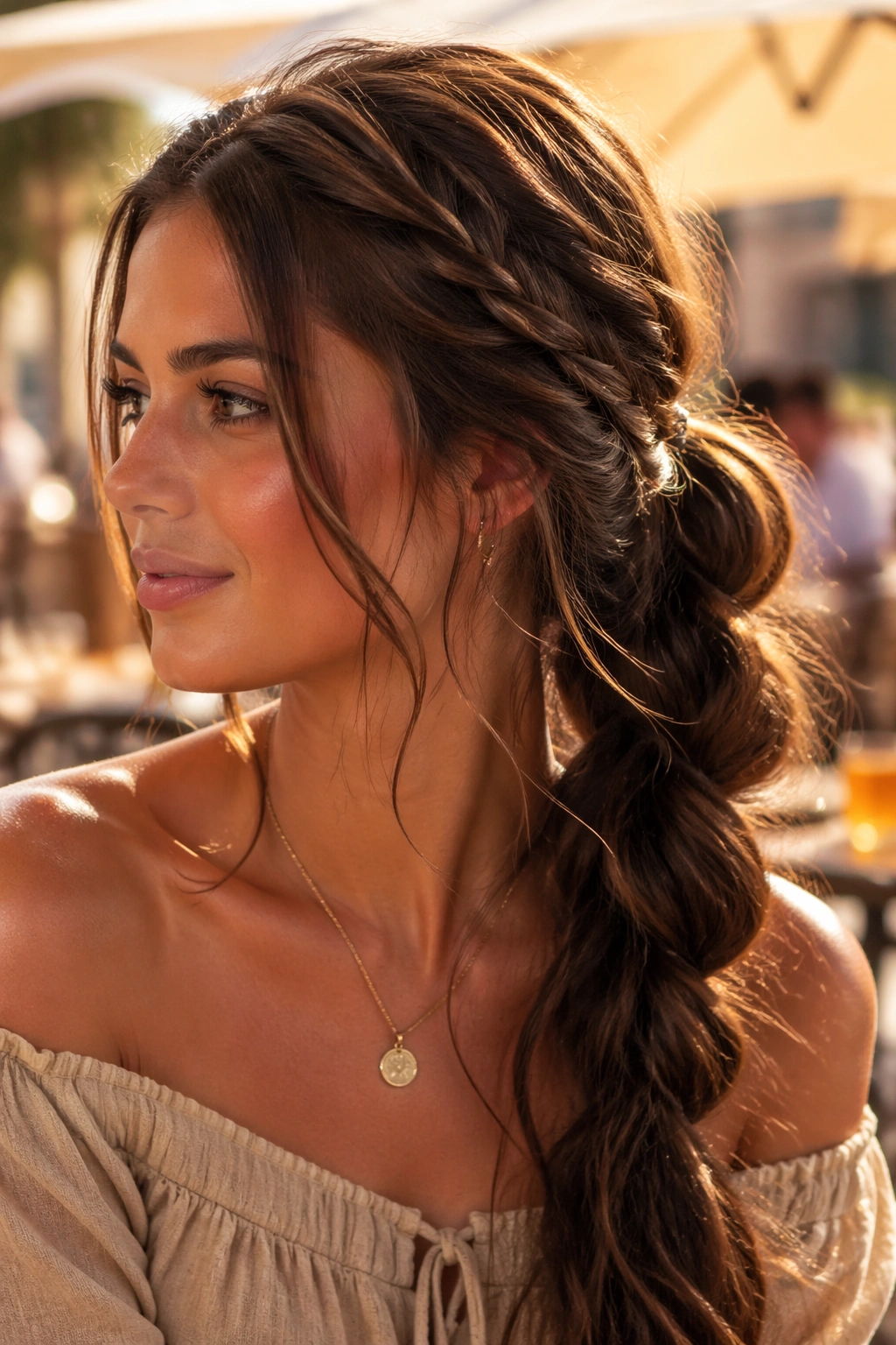Close-up of a real woman with a messy boho brown braided ponytail in warm outdoor light