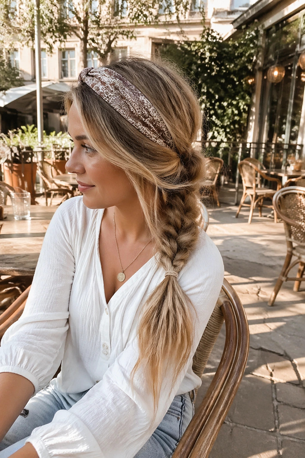 Outdoor cafe scene with a messy side braid and boho headband