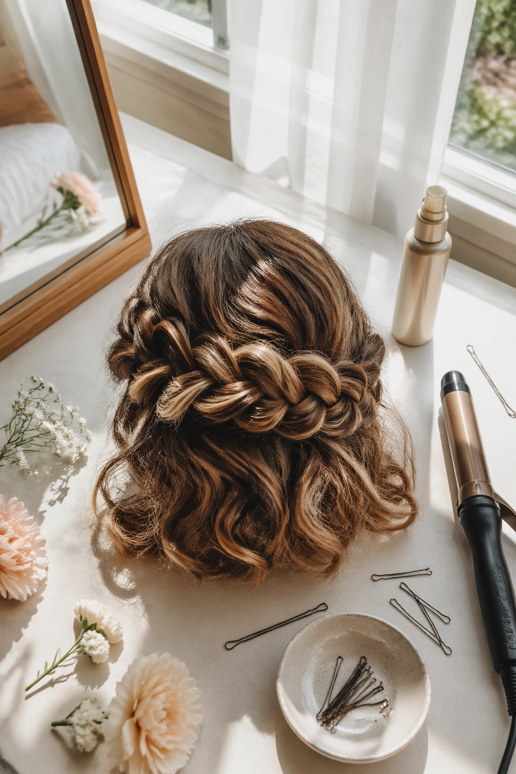 Overhead flat-lay of messy braid with curled ends and styling tools.