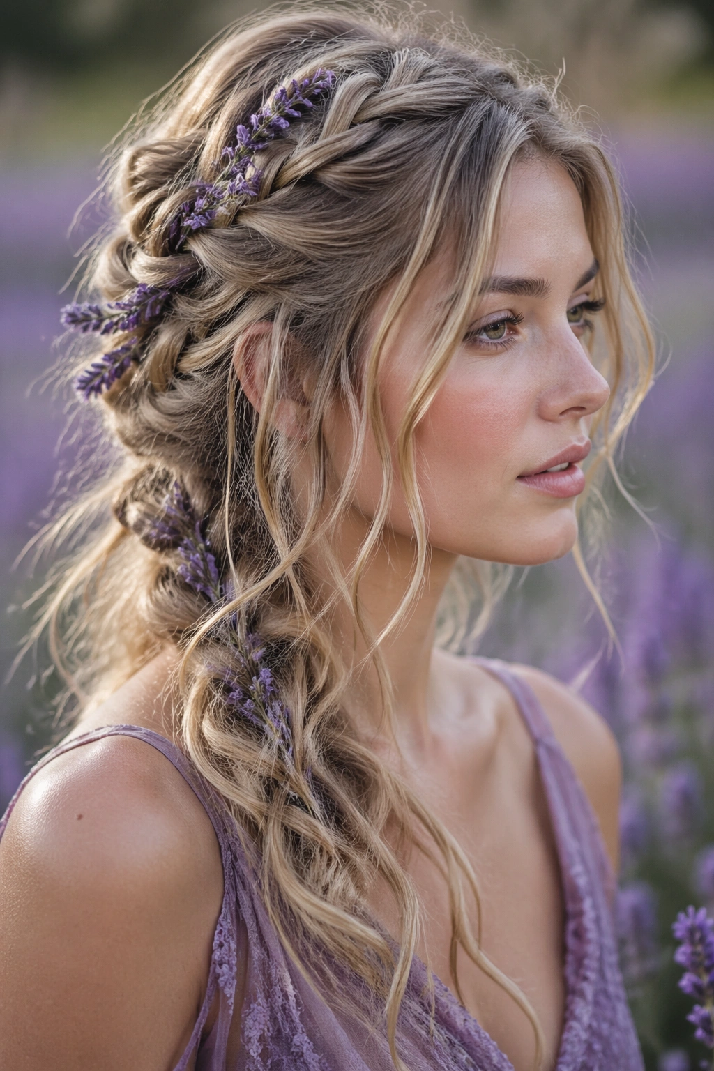 Close-up of a real woman with a messy half-up braid and lavender sprigs in a garden setting.