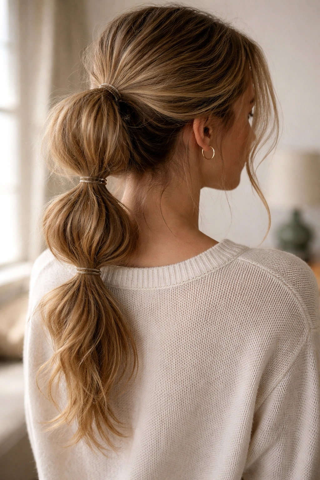 Close-up of messy weekend double bubble ponytail with textured, second-day hair