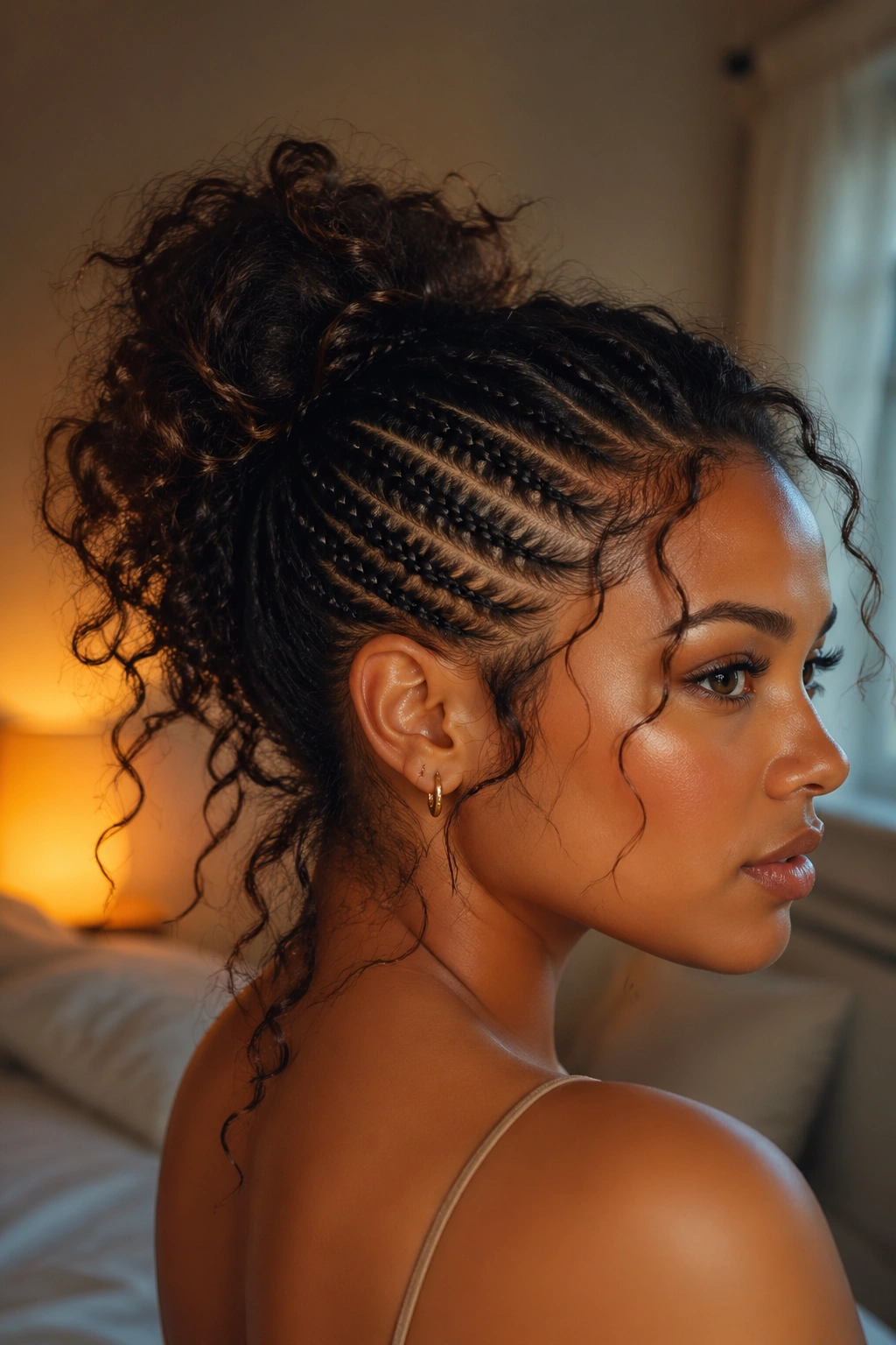Close-up of a real woman with cornrowed sides and a messy curly bun