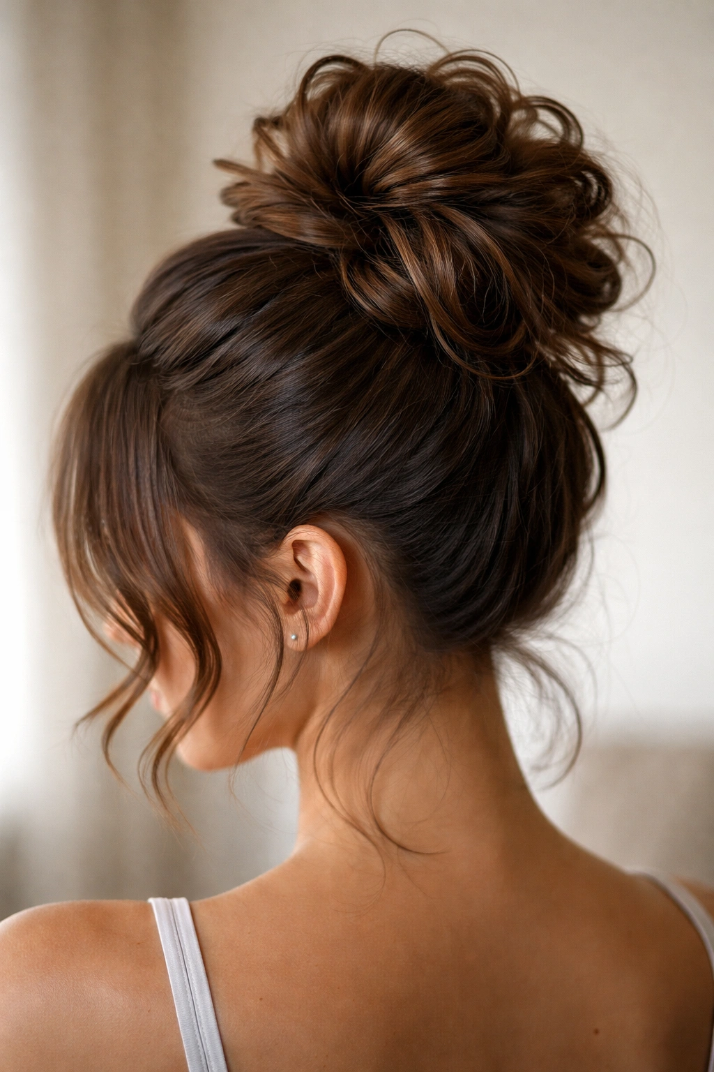 Close-up of a high messy bun crown with curled ends and few flyaways