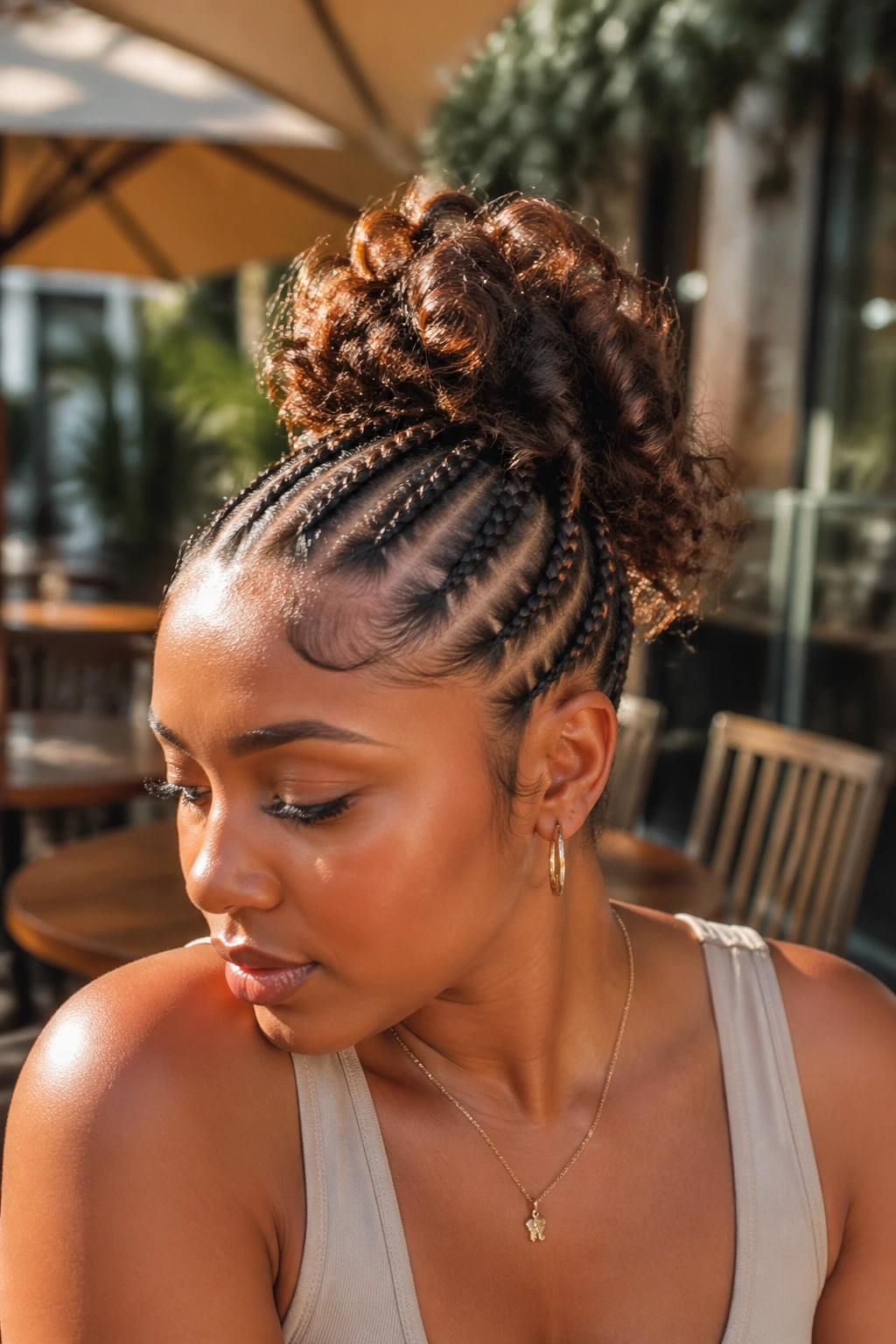 Real woman wearing a messy bun with curled ends