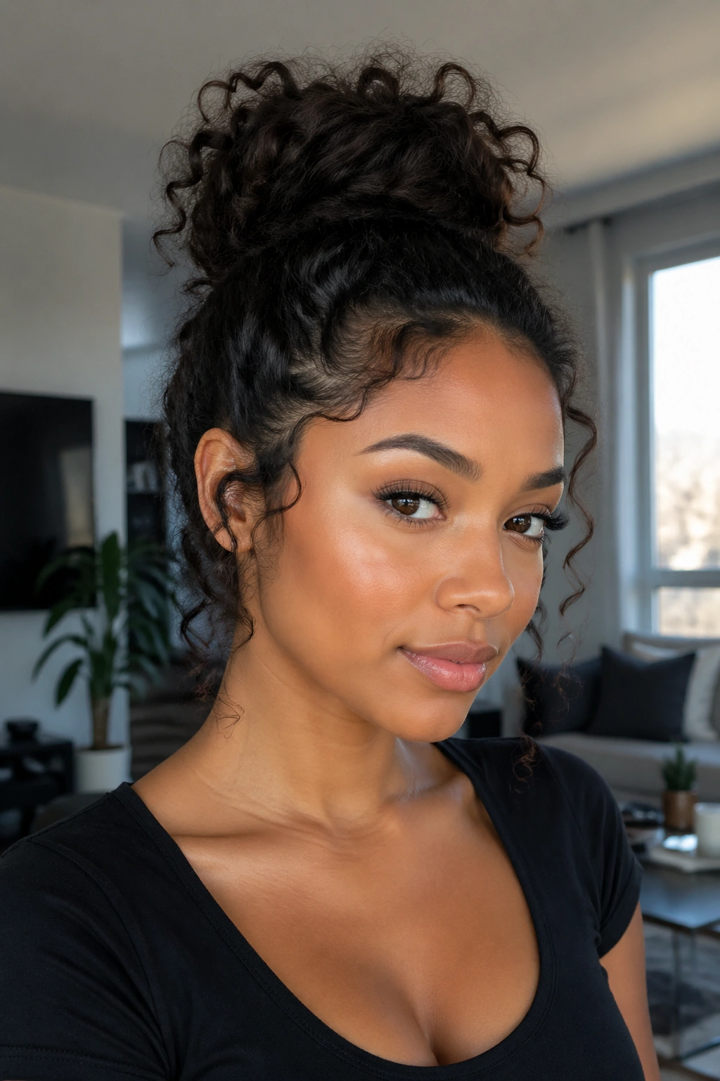 Close-up portrait of a real woman with a loose bun and curly edges.