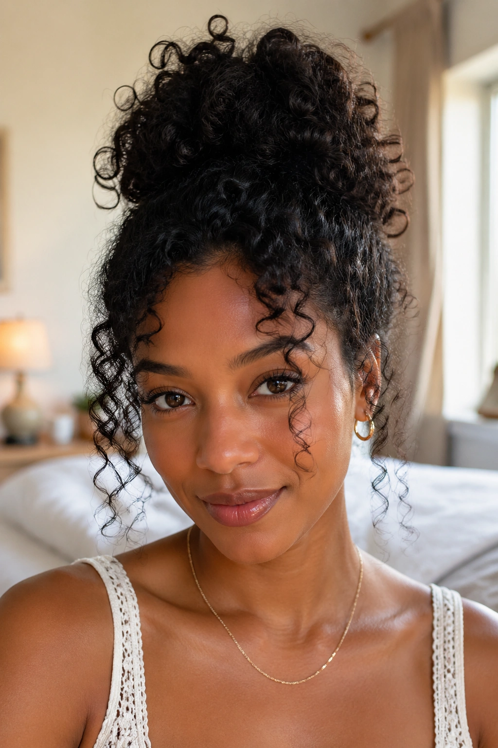 Close-up of a real woman with a textured messy bun and loose curls framing her face