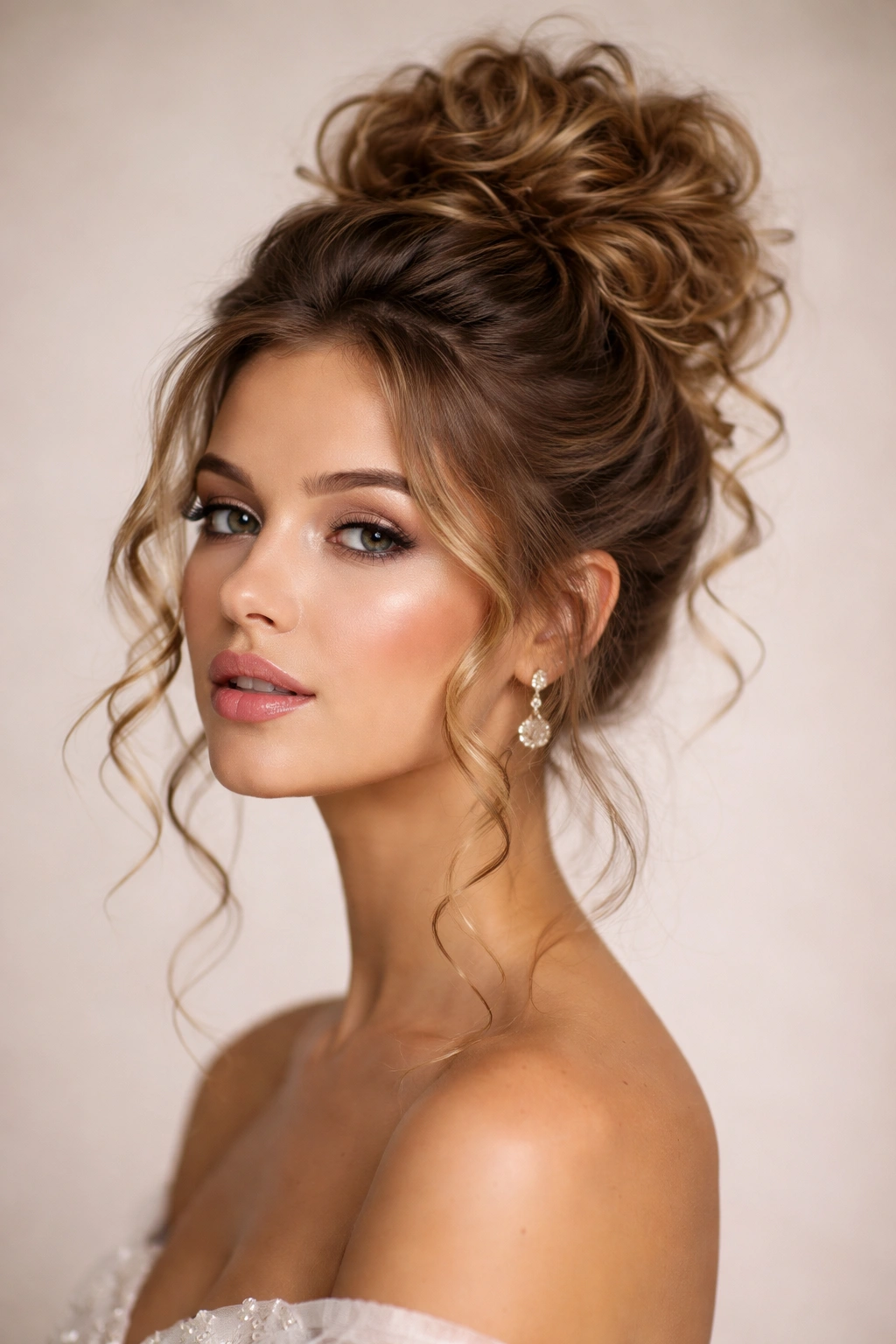 Messy high bun with defined curls at crown; prom hairstyle close-up