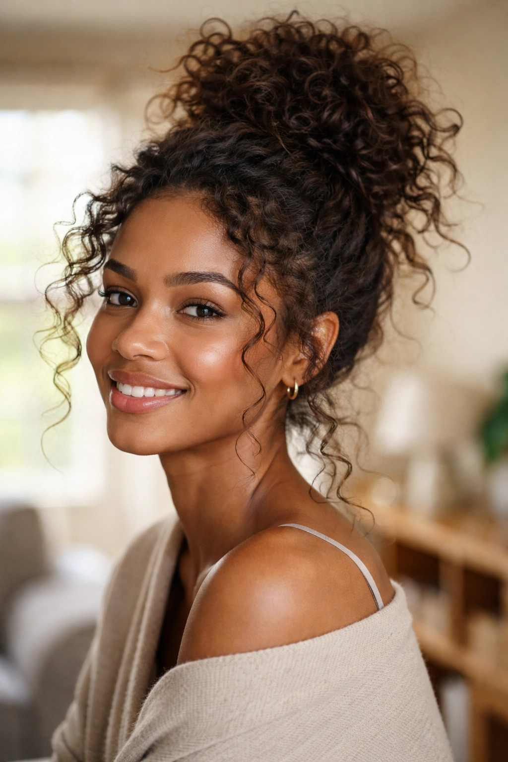 Close-up of a real woman with a bun and curly flyaways at the hairline in a cozy living room