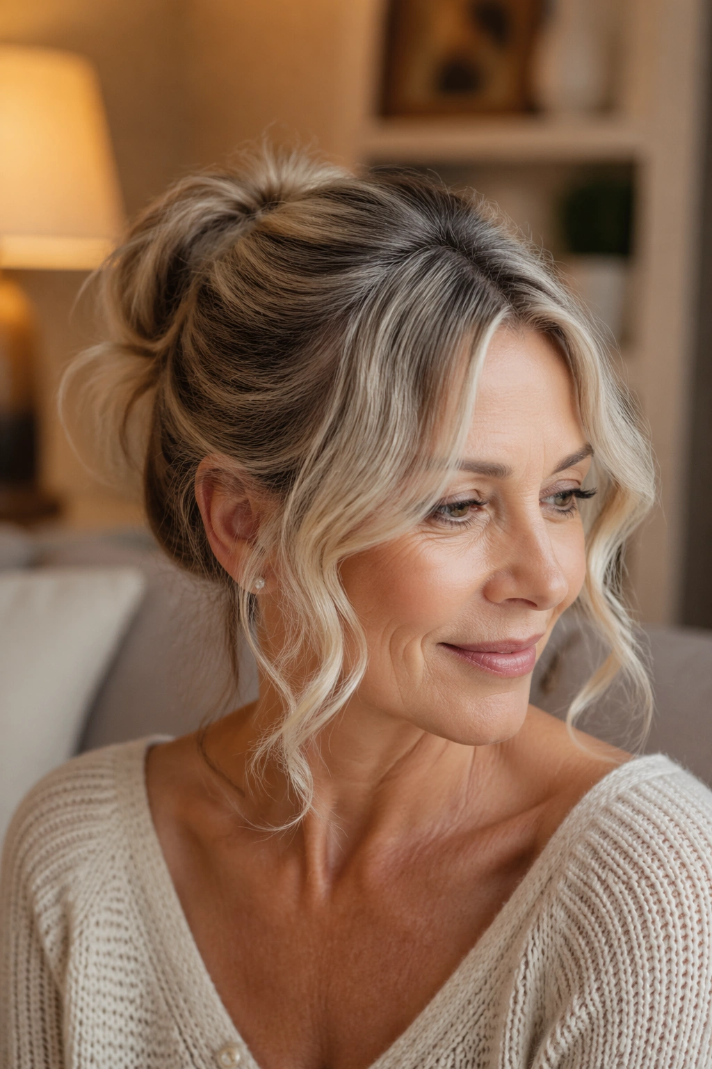 Portrait of a real woman with a messy bun and face-framing tendrils