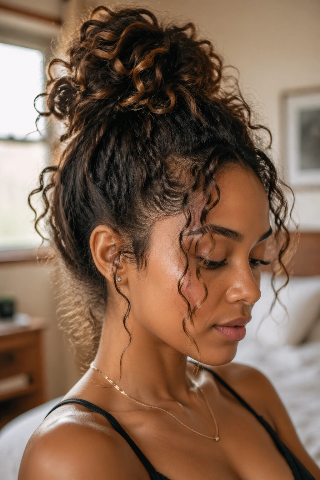 Close-up of a real woman with a high bun and wispy flyaways in soft window light