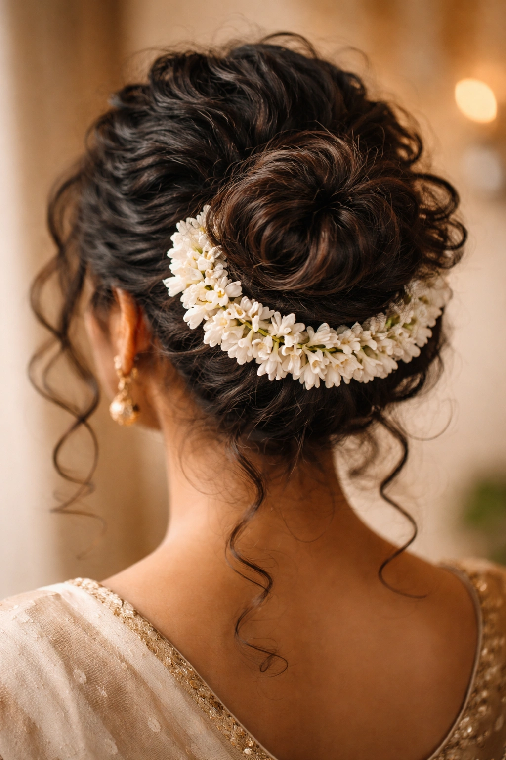 Close-up of messy bun with jasmine gajra ring around base on dark curly hair