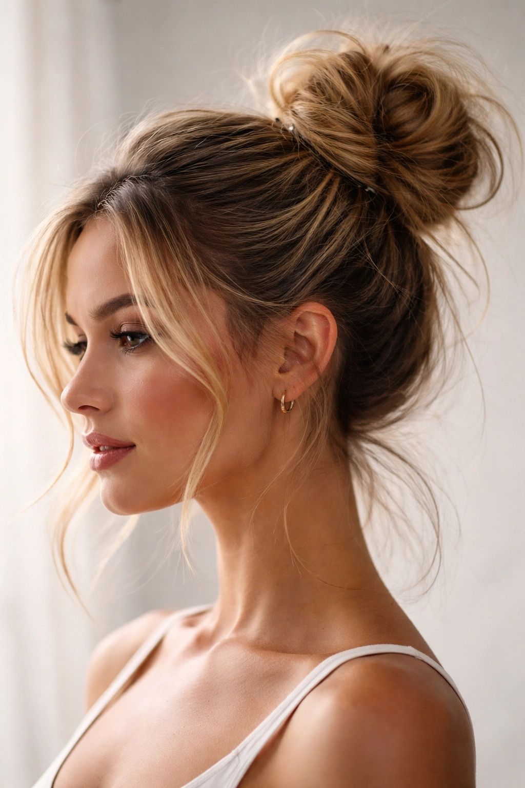 Close-up of a textured messy bun secured with multiple pins.