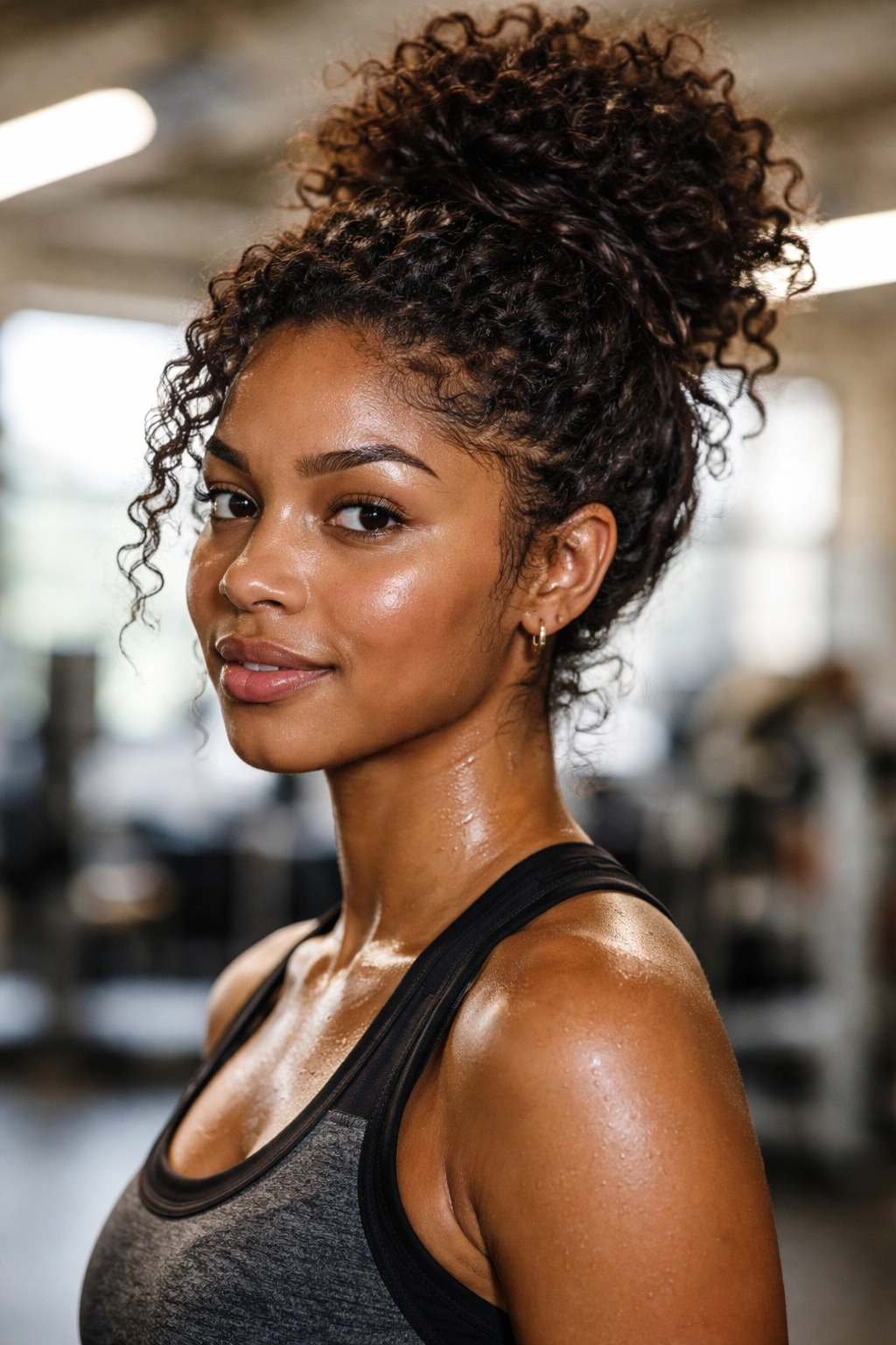 Close-up of a real woman with a high messy bun for gym, natural curls, athletic wear, gym lighting