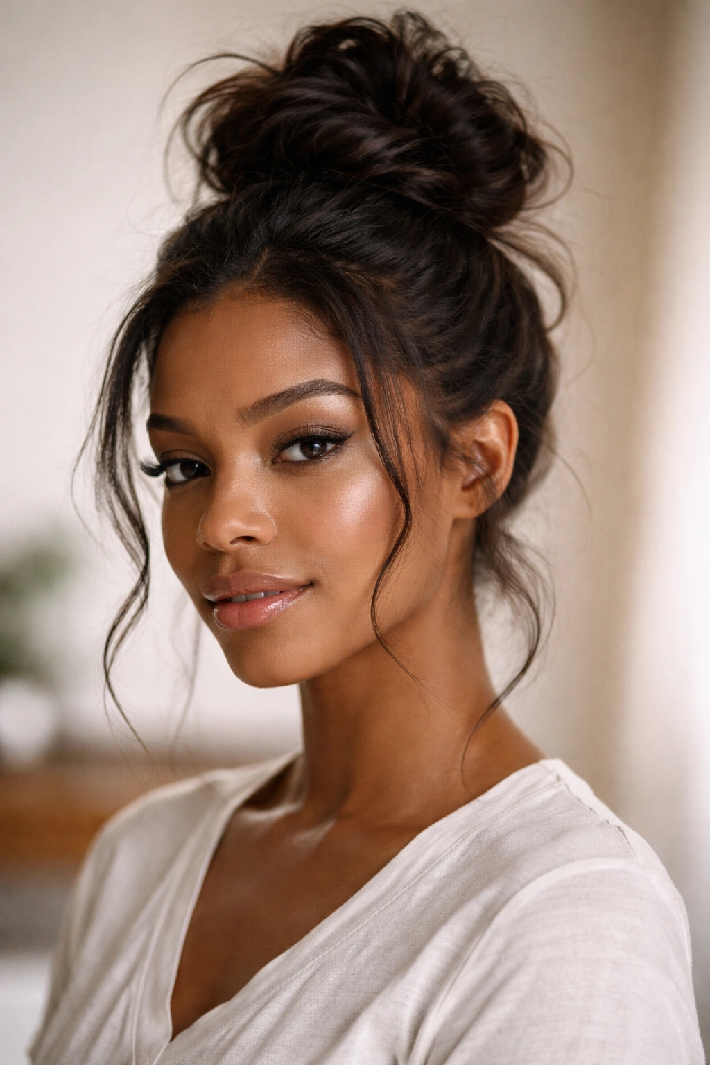 Loosely twisted messy bun with soft face-framing strands